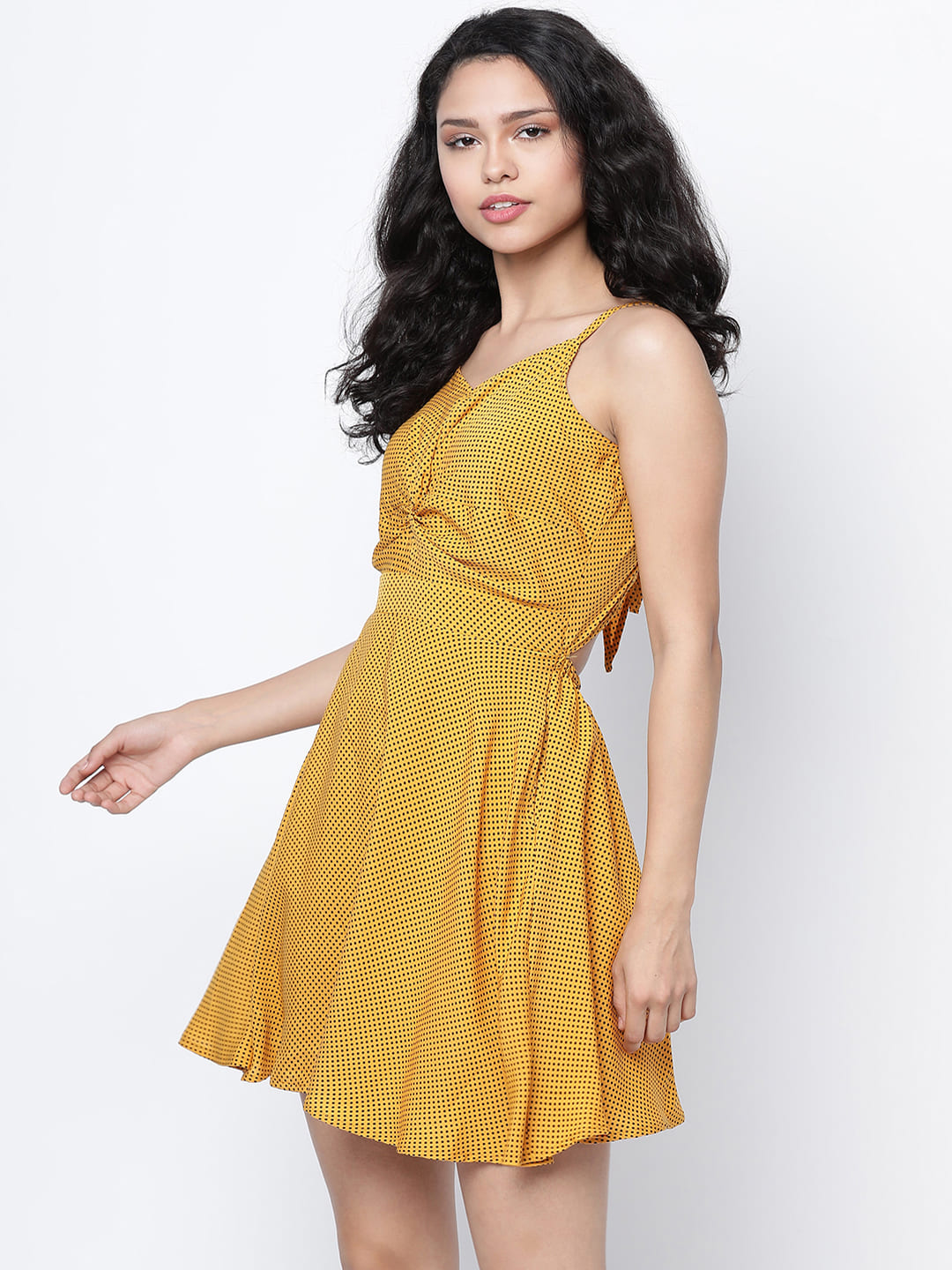 Knee Length,Yellow Dress,Knee Length Dress,V-Neck Dress,Sleeveless Dress,Yellow Polka Dots Dress