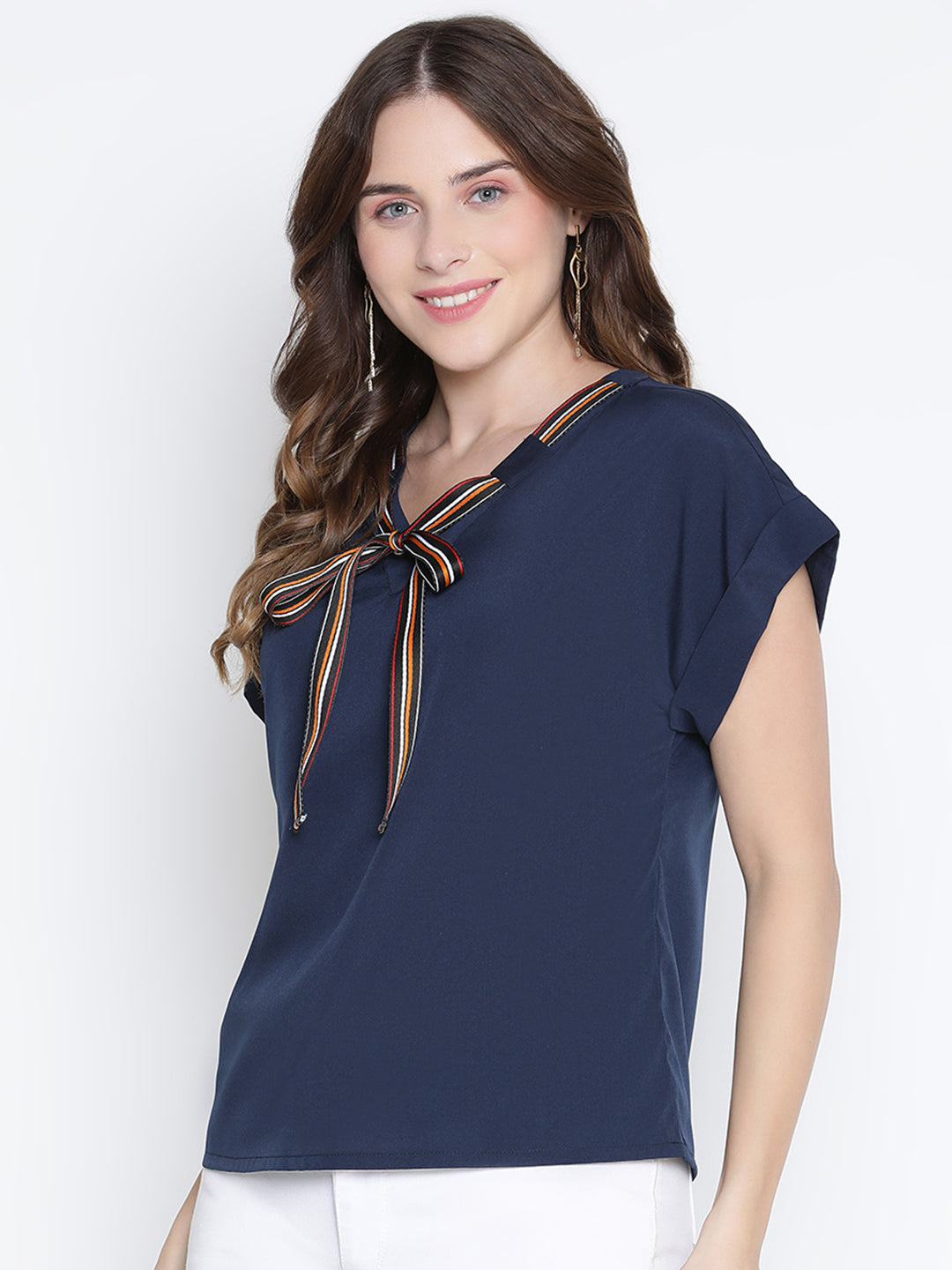 Regular,Blue Top,Regular Top,V-Neck Top,Short Sleeves Top,Blue Solid Top