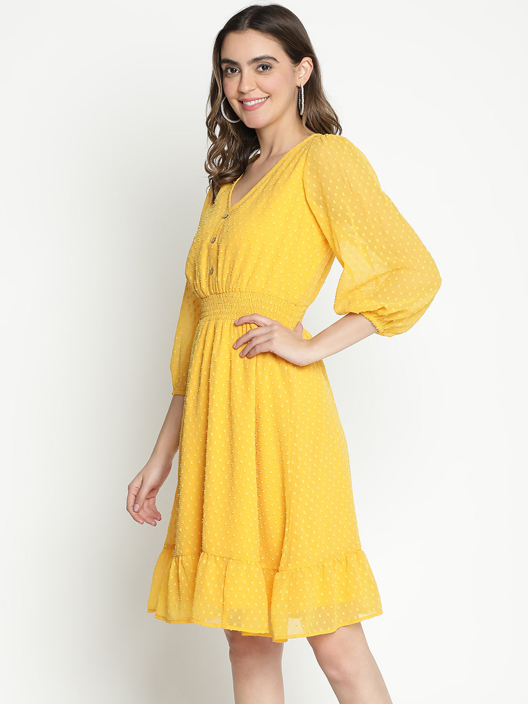 Knee Length,Yellow Dress,Knee Length Dress,V-Neck Dress,Quater Sleeves Dress,Yellow Solid Dress