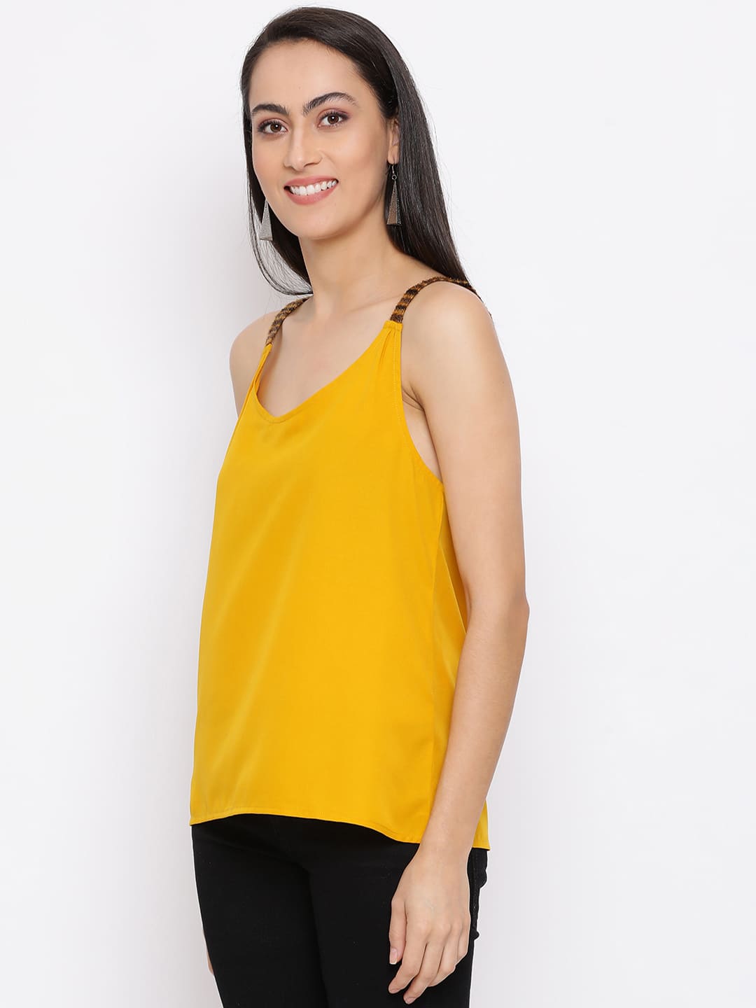 Spaghetti Top,Yellow Top,Spaghetti Top,V-Neck Top,Sleeveless Top,Yellow Solid Top