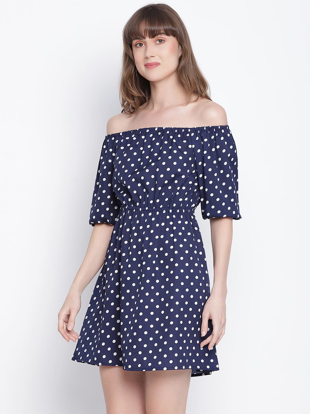 Knee Length,Blue Dress,Knee Length Dress,Off Shoulder Dress,Sleeveless Dress,Blue Polka Dots Dress