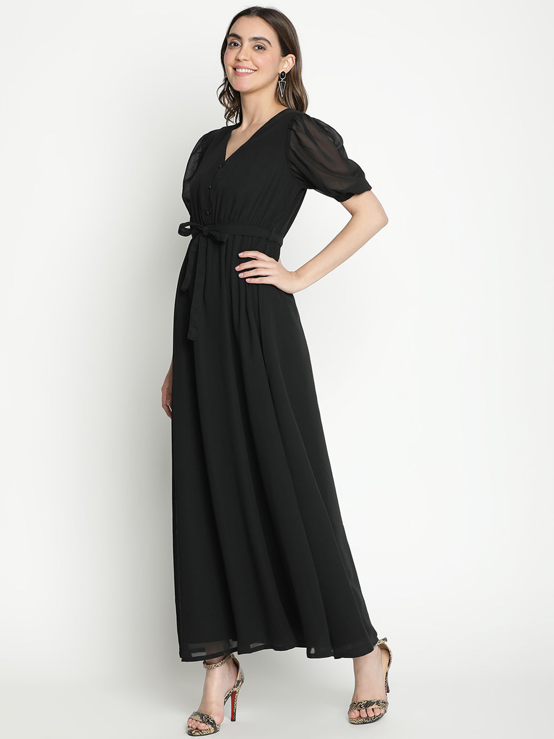 Maxi,Black Dress,Maxi Dress,V-Neck Dress,Short Sleeves Dress,Black Solid Dress