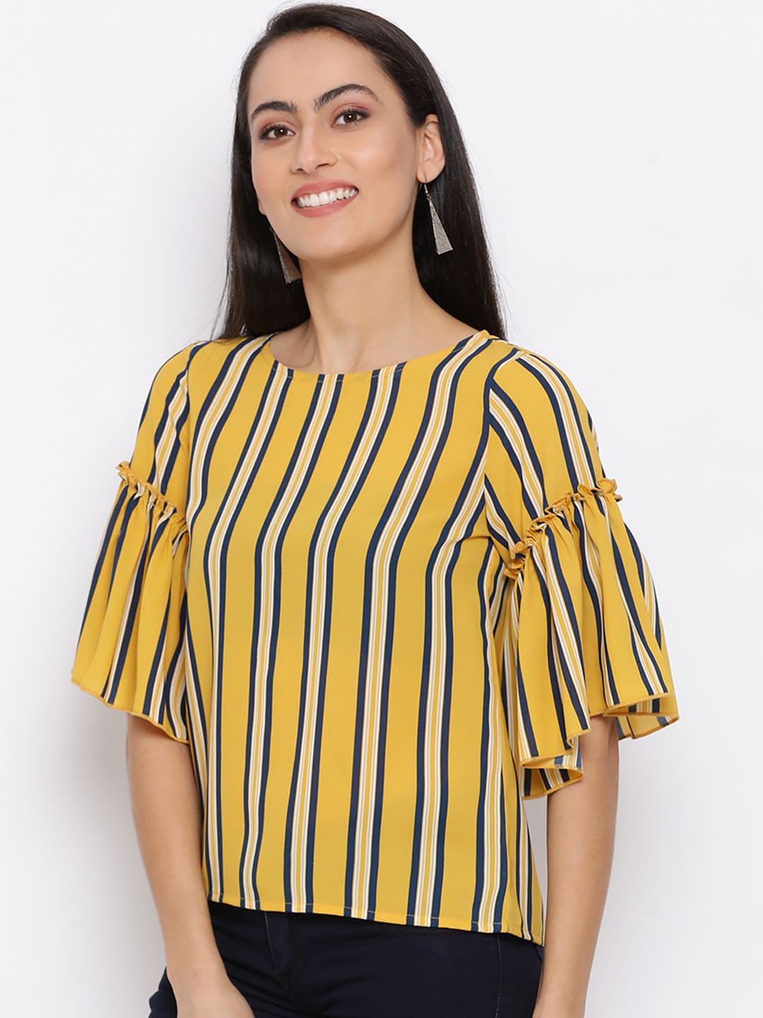 Regular,Yellow Top,Regular Top,Round Neck Top,Quater Sleeves Top,Yellow Stripes Top