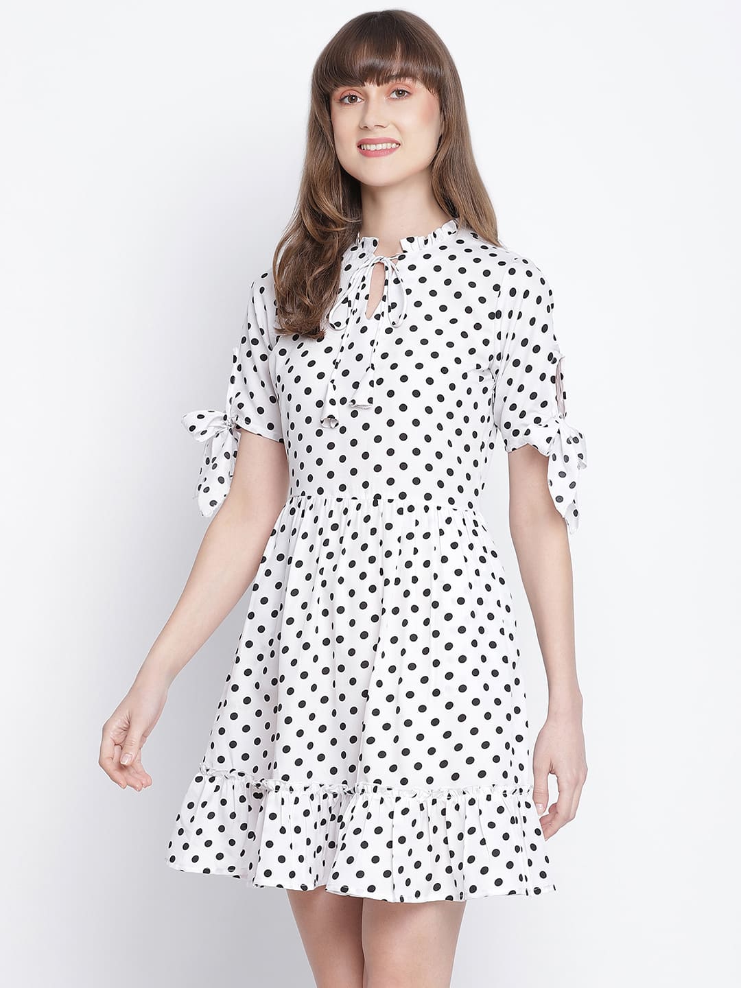 Knee Length,White Dress,Knee Length Dress,Round Neck Dress,Short Sleeves Dress,White Polka Dots Dress