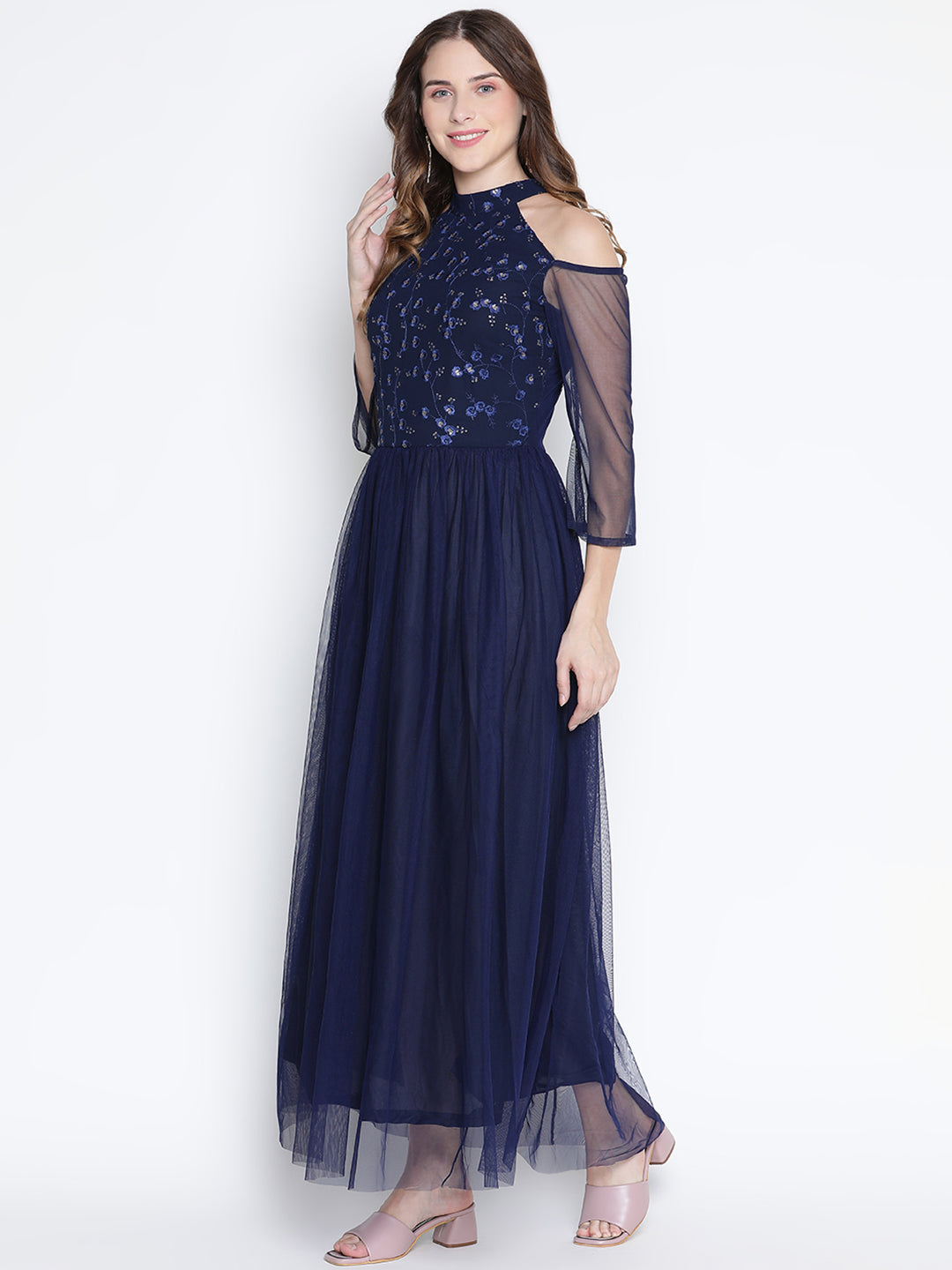 Maxi,Blue Dress,Maxi Dress,Round Neck Dress,Quater Sleeves Dress,Blue Sequined Dress