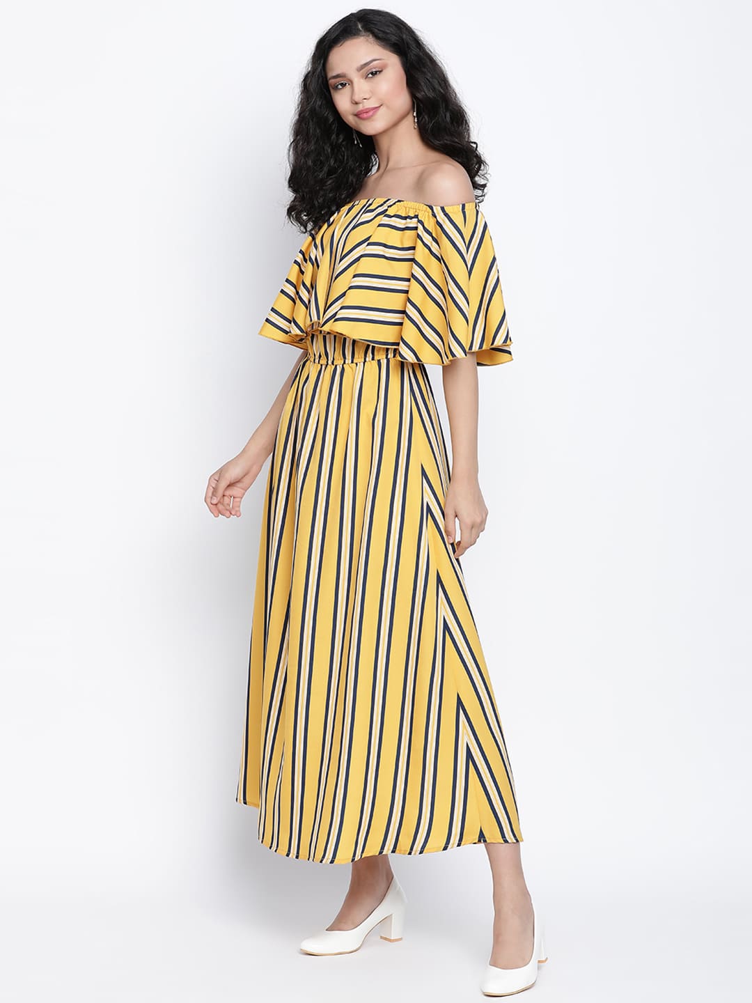 Midi,Yellow Dress,Midi Dress,Off Shoulder Dress,Sleeveless Dress,Yellow Stripes Dress