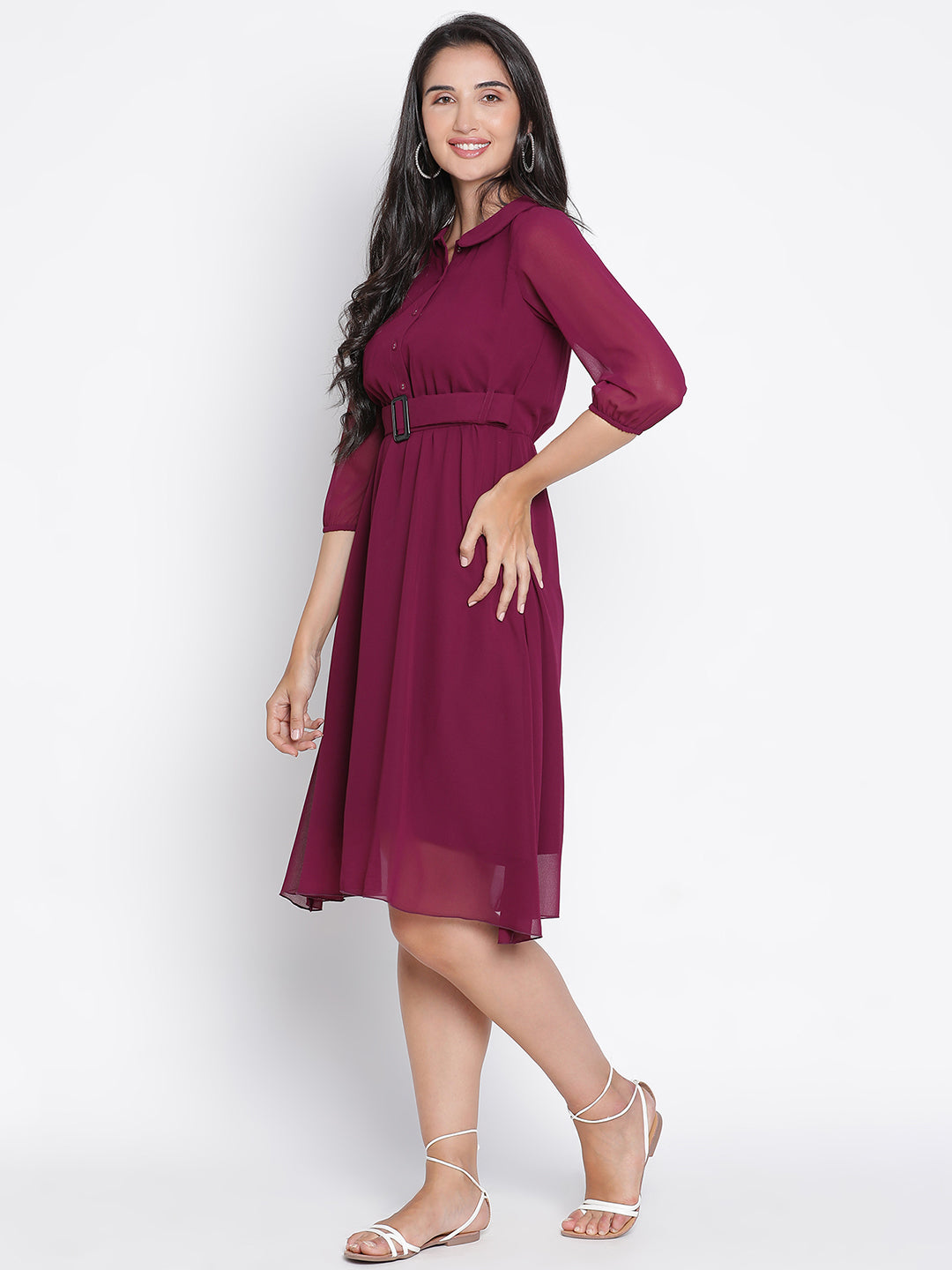 Knee Length,Maroon Dress,Knee Length Dress,Collared Neck Dress,Quater Sleeves Dress,Maroon Solid Dress