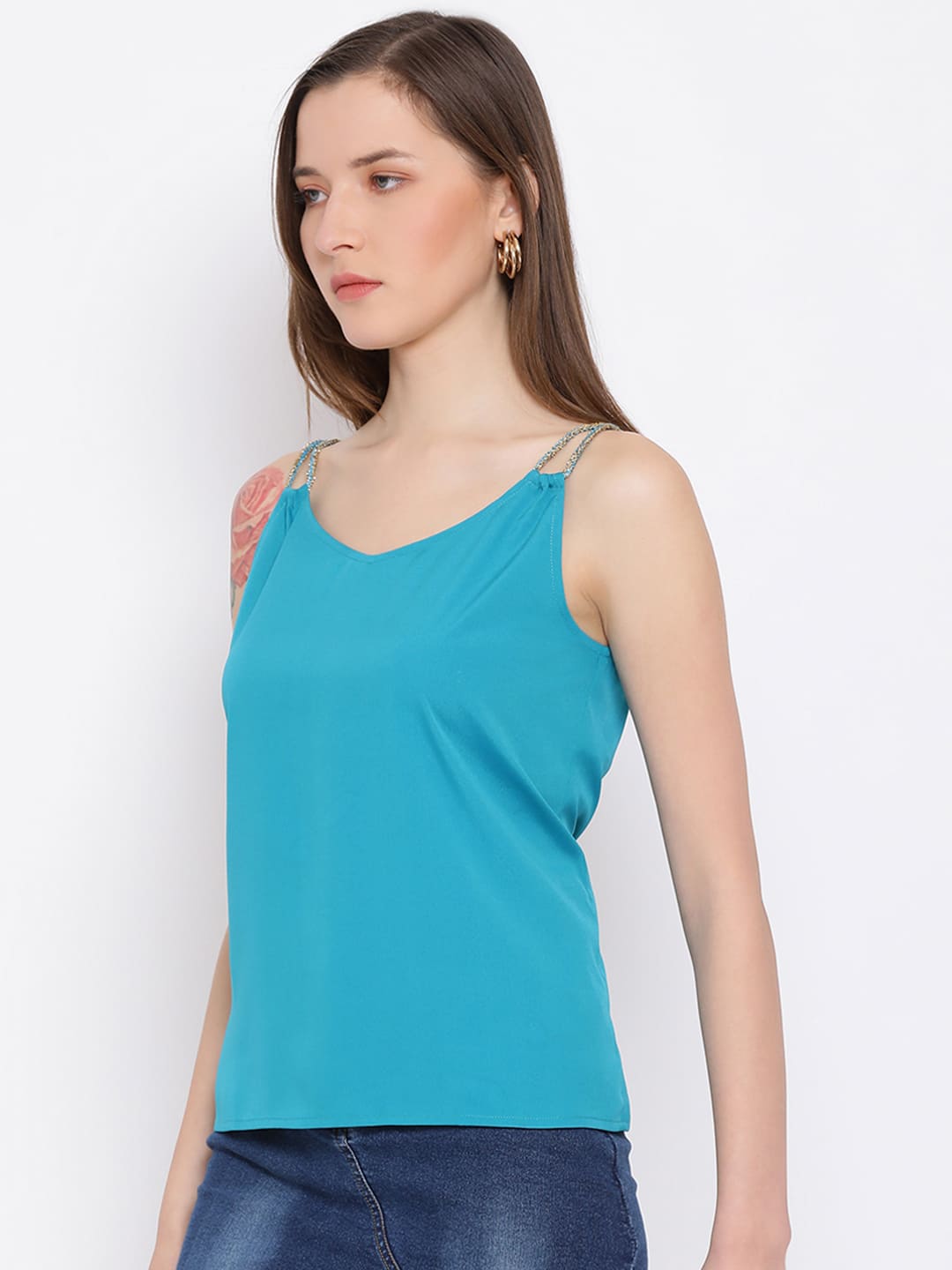 Spaghetti Top,Blue Top,Spaghetti Top,Round Neck Top,Sleeveless Top,Blue Solid Top