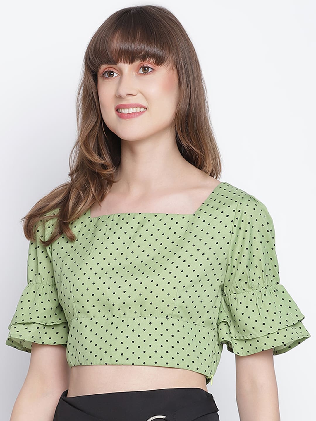 Crop Top,Green Top,Crop Top,Square Neck Top,Short Sleeves Top,Green Polka Dots Top