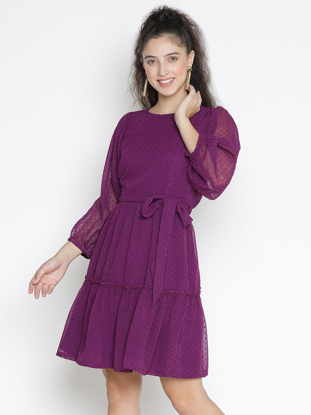 Knee Length,Magenta Dress,Knee Length Dress,Round Neck Dress,Full Sleeves Dress,Magenta Solid Dress