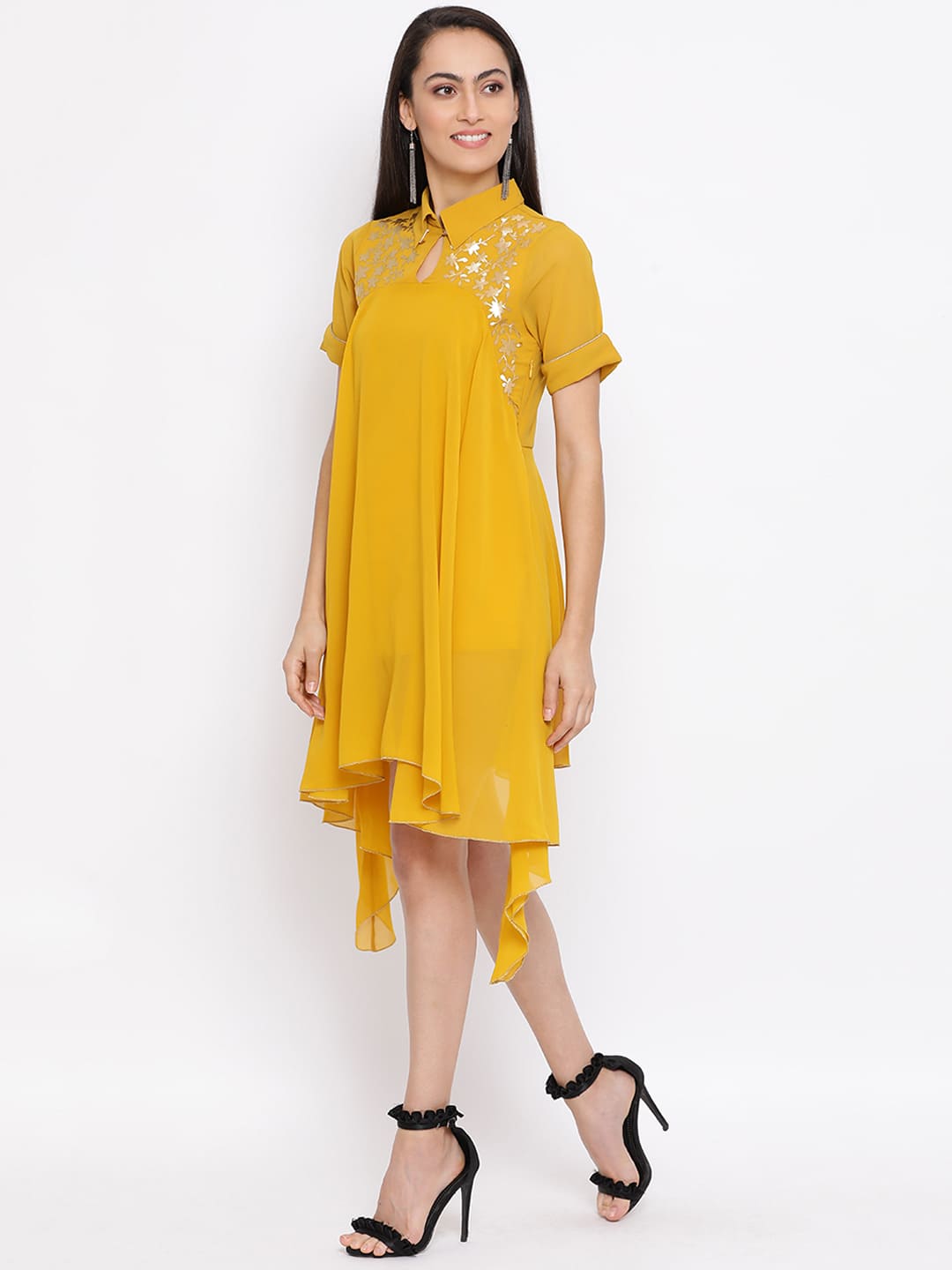 Knee Length,Yellow Dress,Knee Length Dress,Collared Neck Dress,Short Sleeves Dress,Yellow Embellished Dress