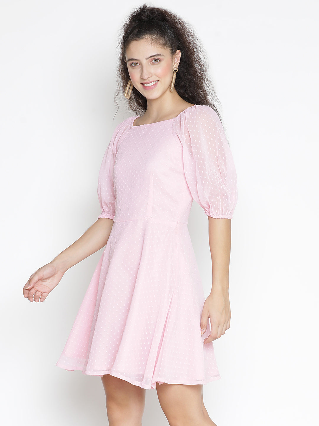 Knee Length,Pink Dress,Knee Length Dress,Round Neck Dress,Short Sleeves Dress,Pink Solid Dress