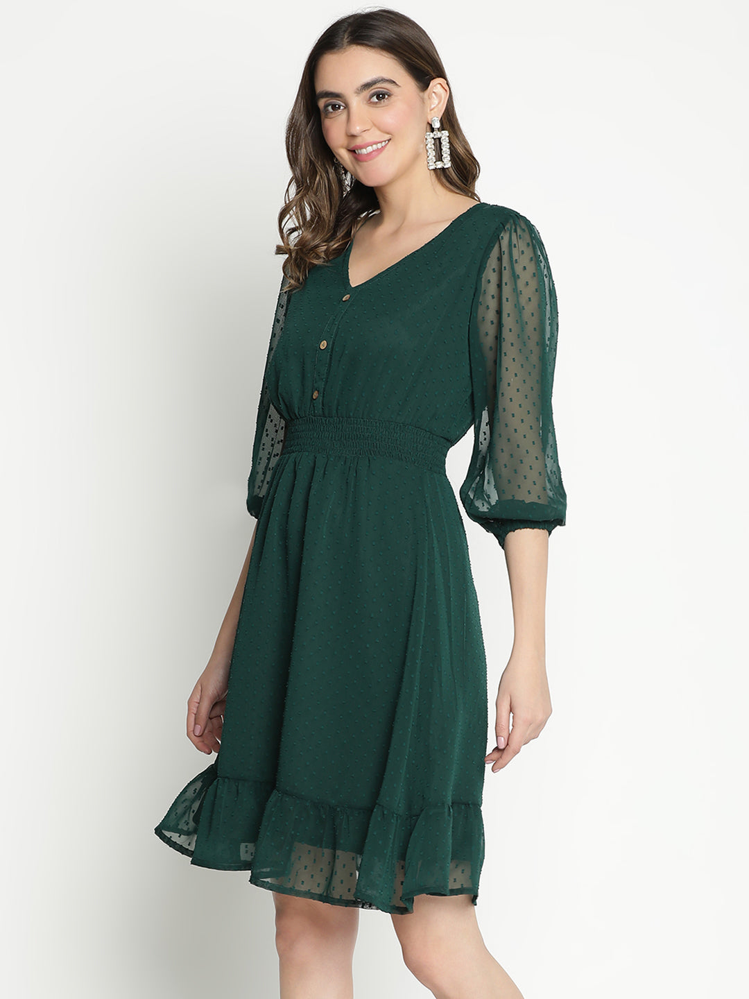 Knee Length,Green Dress,Knee Length Dress,V-Neck Dress,Quater Sleeves Dress,Green Solid Dress