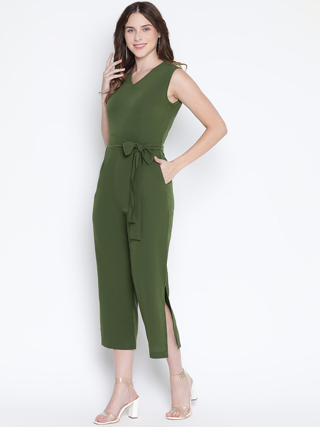 Ankle Length,Green Jumpsuit,Ankle Length Jumpsuit,V-Neck Jumpsuit,Short Sleeves Jumpsuit,Green Solid Jumpsuit