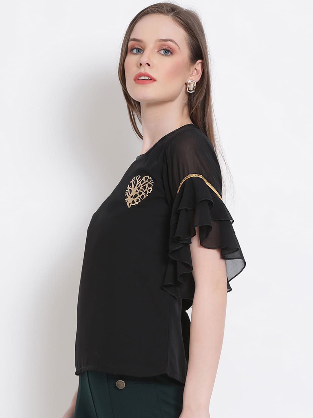 Regular,Black Top,Regular Top,Round Neck Top,Short Sleeves Top,Black Embellished Top