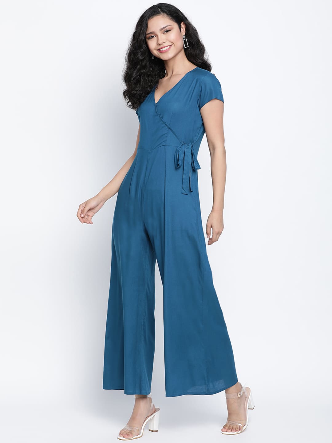 Ankle Length,Blue Jumpsuit,Ankle Length Jumpsuit,V-Neck Jumpsuit,Short Sleeves Jumpsuit,Blue Solid Jumpsuit