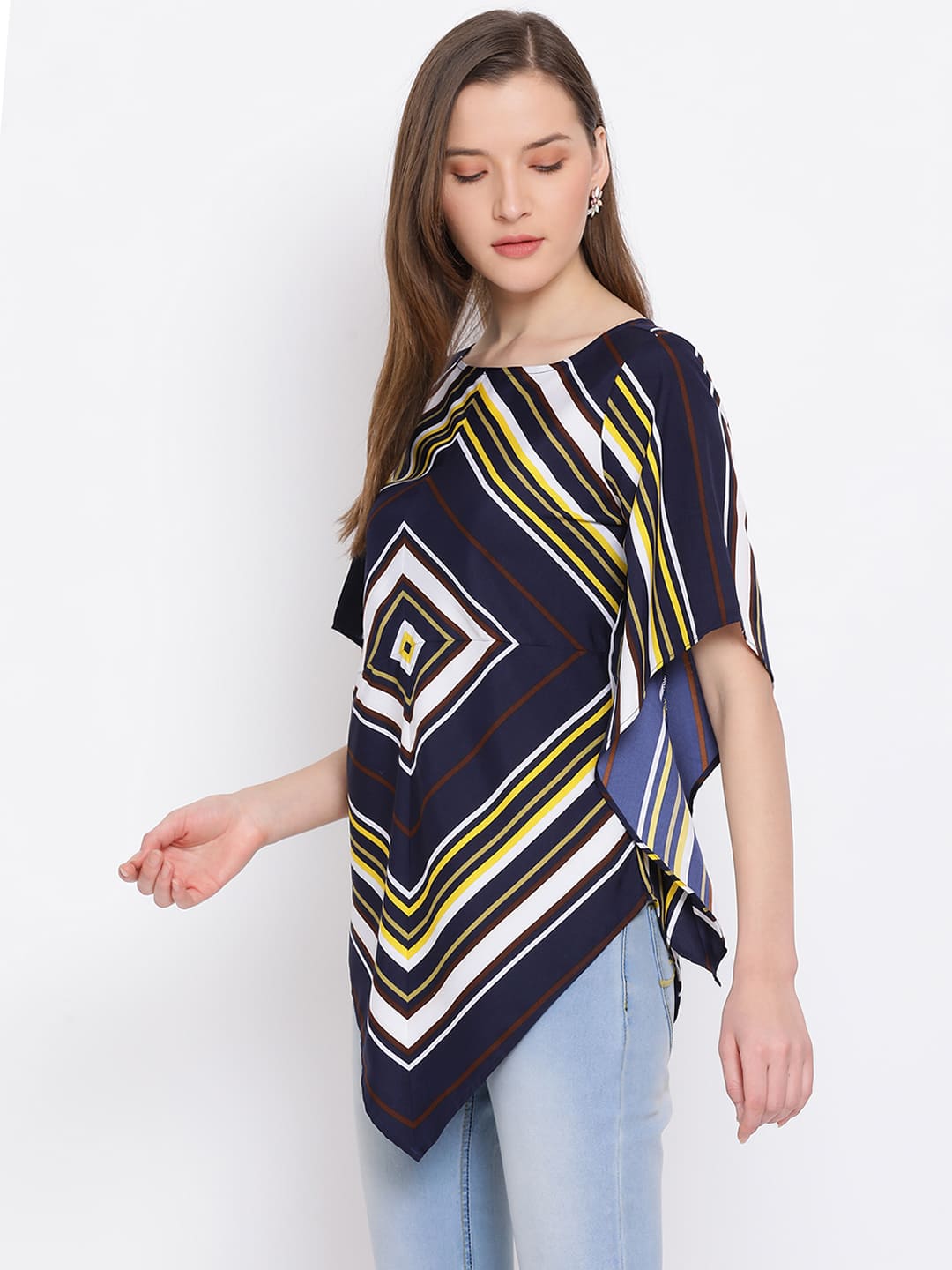 Longline,Blue Top,Longline Top,Round Neck Top,Short Sleeves Top,Blue Printed Top