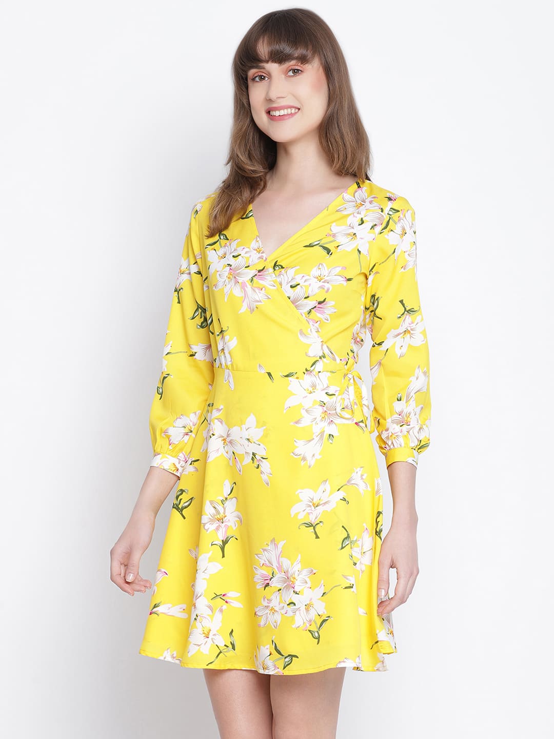 Knee Length,Yellow Dress,Knee Length Dress,V-Neck Dress,Quater Sleeves Dress,Yellow Floral Print Dress