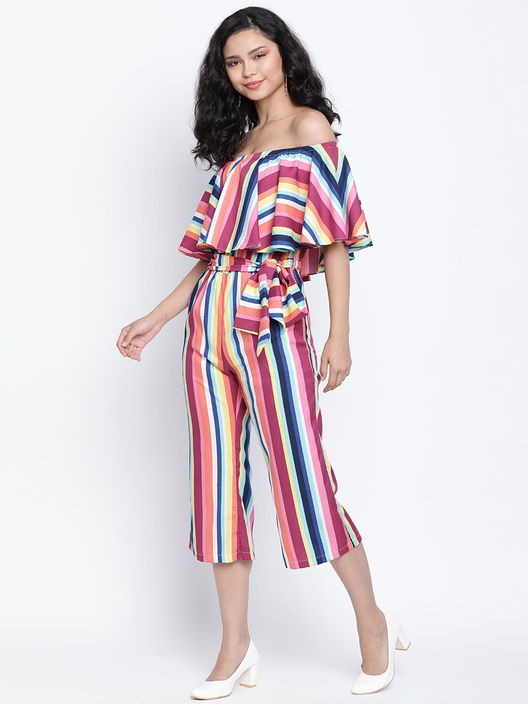 Ankle Length,Multicolor Jumpsuit,Ankle Length Jumpsuit,Off Shoulder Jumpsuit,Sleeveless Jumpsuit,Multi Stripes Jumpsuit