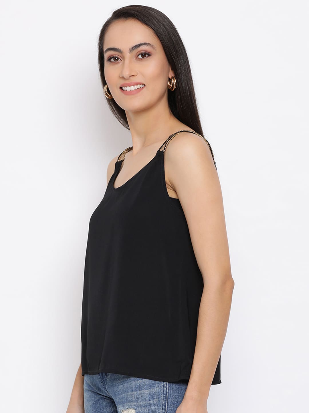 Spaghetti Top,Black Top,Spaghetti Top,Round Neck Top,Sleeveless Top,Black Solid Top