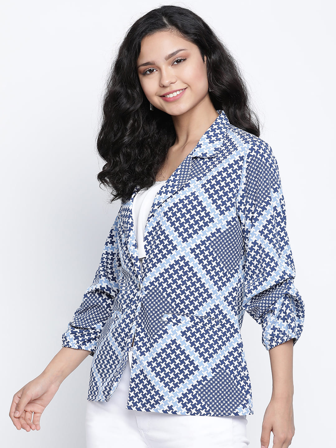 Regular,Blue Top,Regular Top,Lapel Neck Top,Quater Sleeves Top,Blue Printed Top