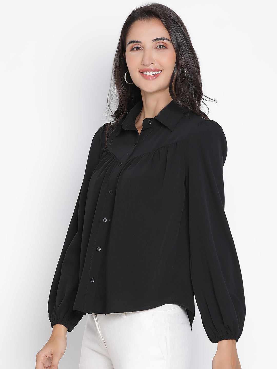 Regular,Black Top,Regular Top,Collared Neck Top,Full Sleeves Top,Black Solid Top