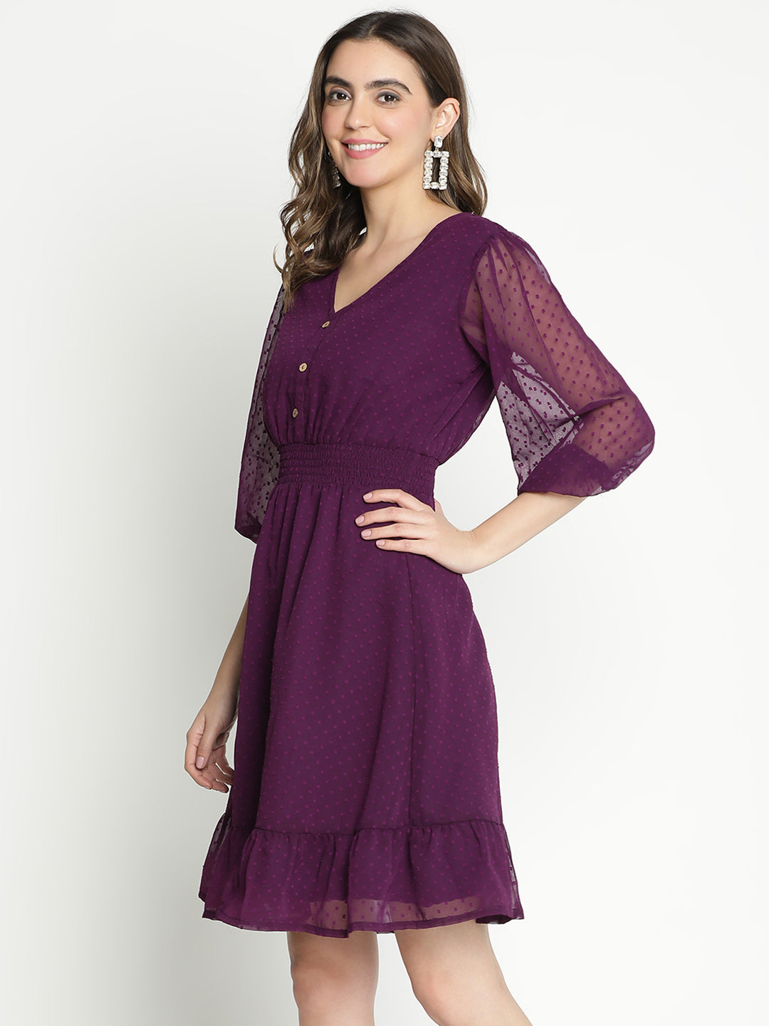 Knee Length,Purple Dress,Knee Length Dress,V-Neck Dress,Quater Sleeves Dress,Purple Solid Dress