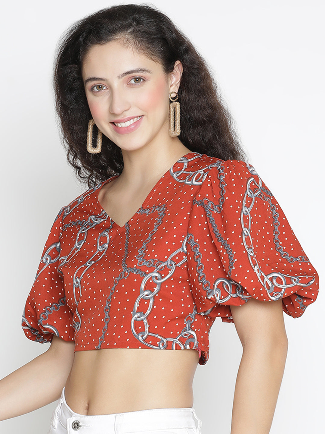 Crop Top,Red Top,Crop Top,V-Neck Top,Short Sleeves Top,Red Printed Top