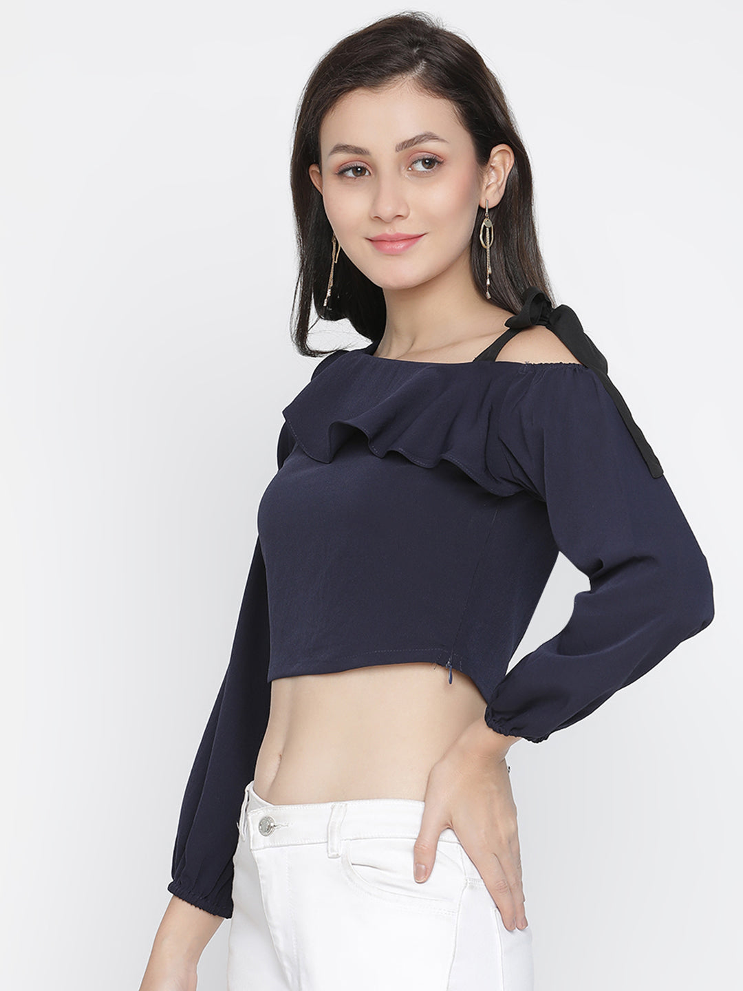 Crop Top,Blue Top,Crop Top,Cold Shoulder Top,Full Sleeves Top,Blue Solid Top