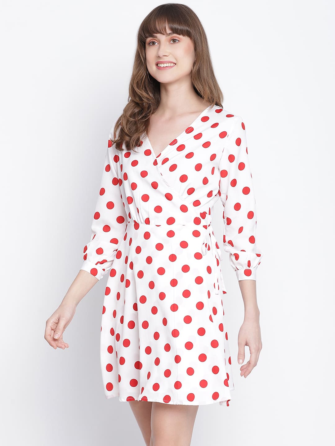 Knee Length,Multicolor Dress,Knee Length Dress,V-Neck Dress,Quater Sleeves Dress,Multi Polka Dots Dress