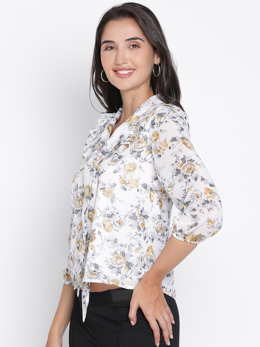 Regular,Multicolor Top,Regular Top,V-Neck Top,Quater Sleeves Top,Multi Floral Print Top