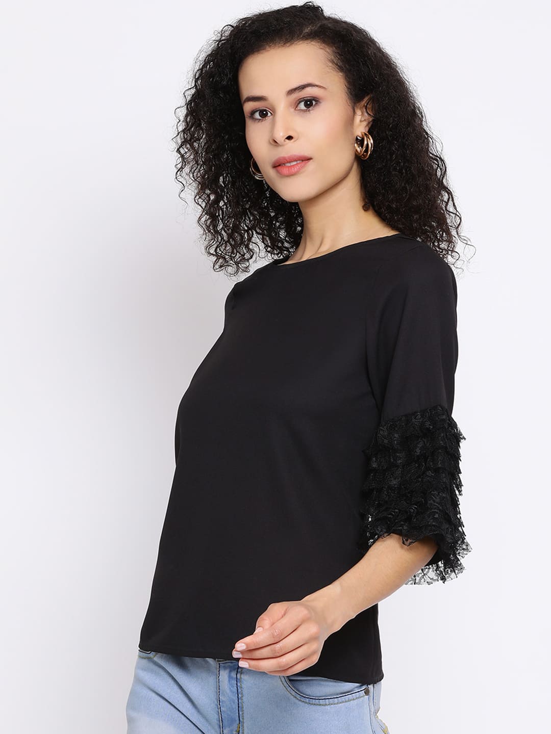 Regular,Black Top,Regular Top,Round Neck Top,Quater Sleeves Top,Black Solid Top