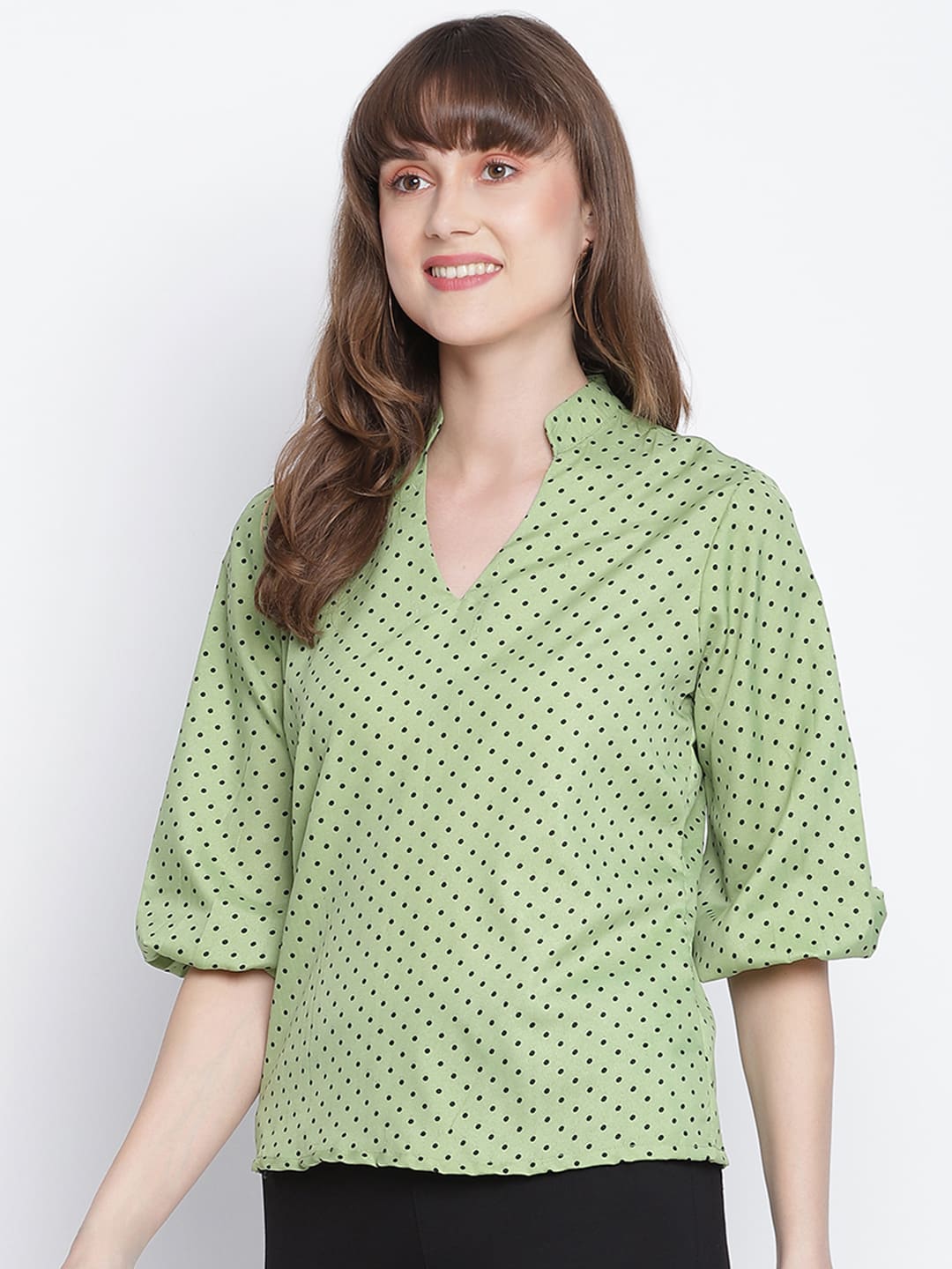 Regular,Green Top,Regular Top,V-Neck Top,Quater Sleeves Top,Green Polka Dots Top