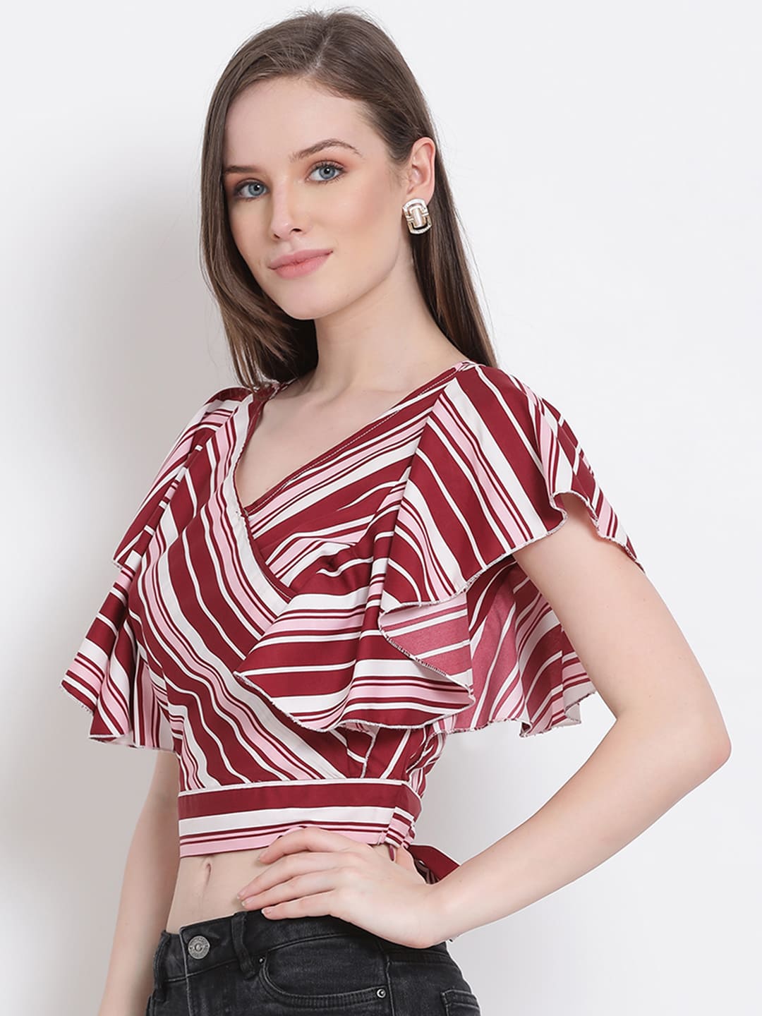 Crop Top,Red Top,Crop Top,V-Neck Top,Short Sleeves Top,Red Striped Top