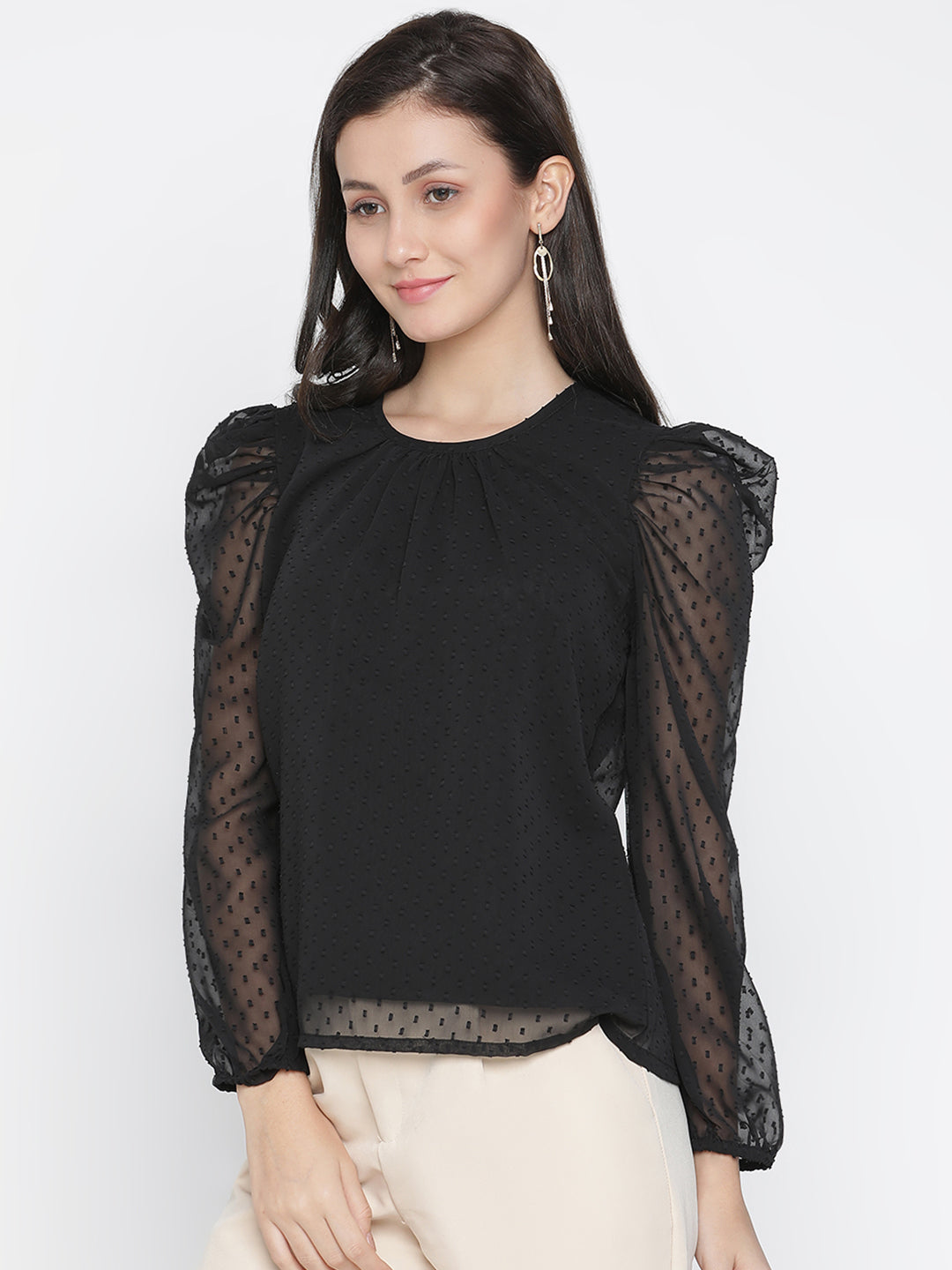 Regular,Black Top,Regular Top,Round Neck Top,Full Sleeves Top,Black Solid Top