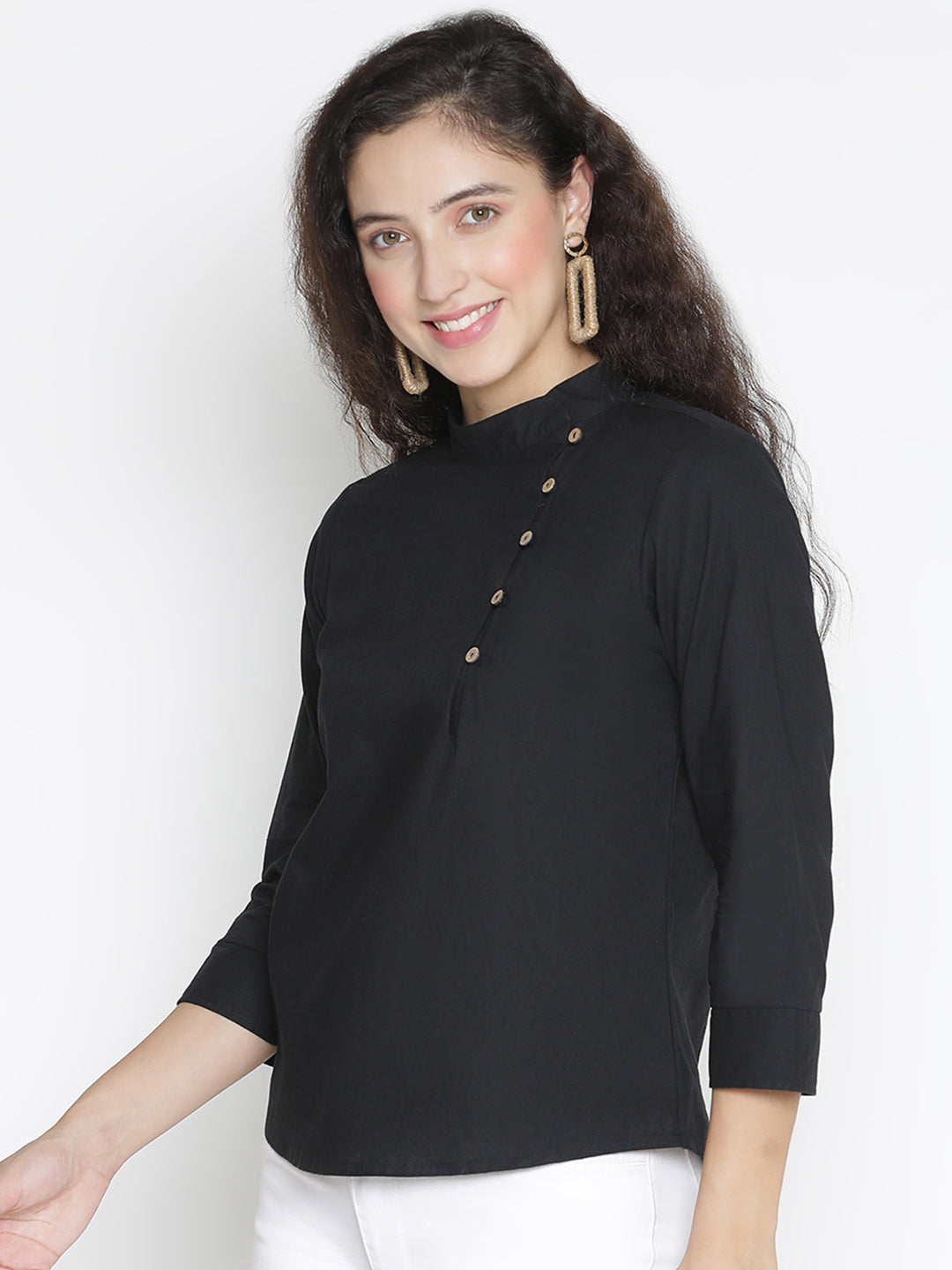 Regular,Black Top,Regular Top,Collared Neck Top,Quater Sleeves Top,Black Solid Top