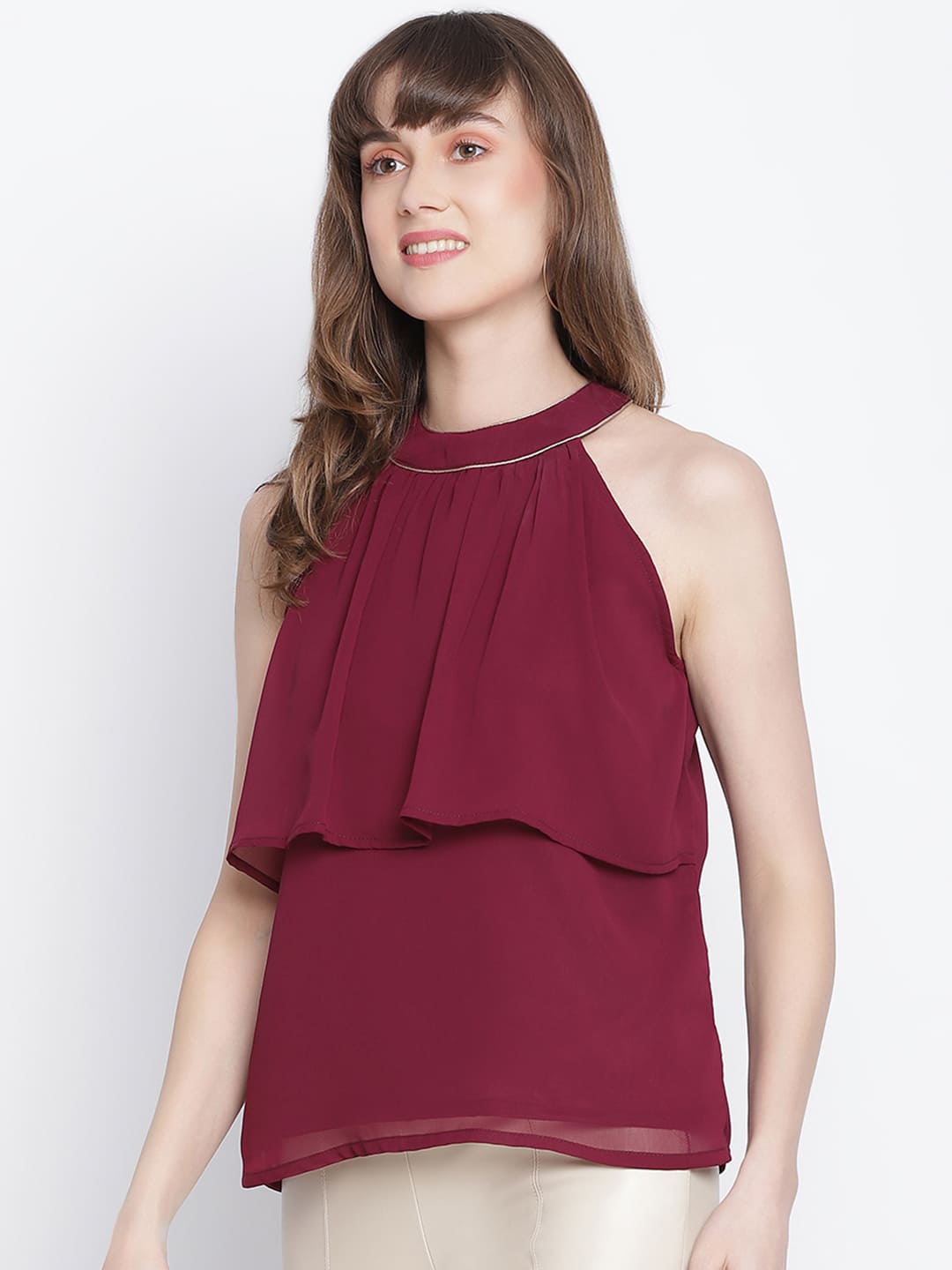 Regular,Red Top,Regular Top,Round Neck Top,Sleeveless Top,Red Solid Top