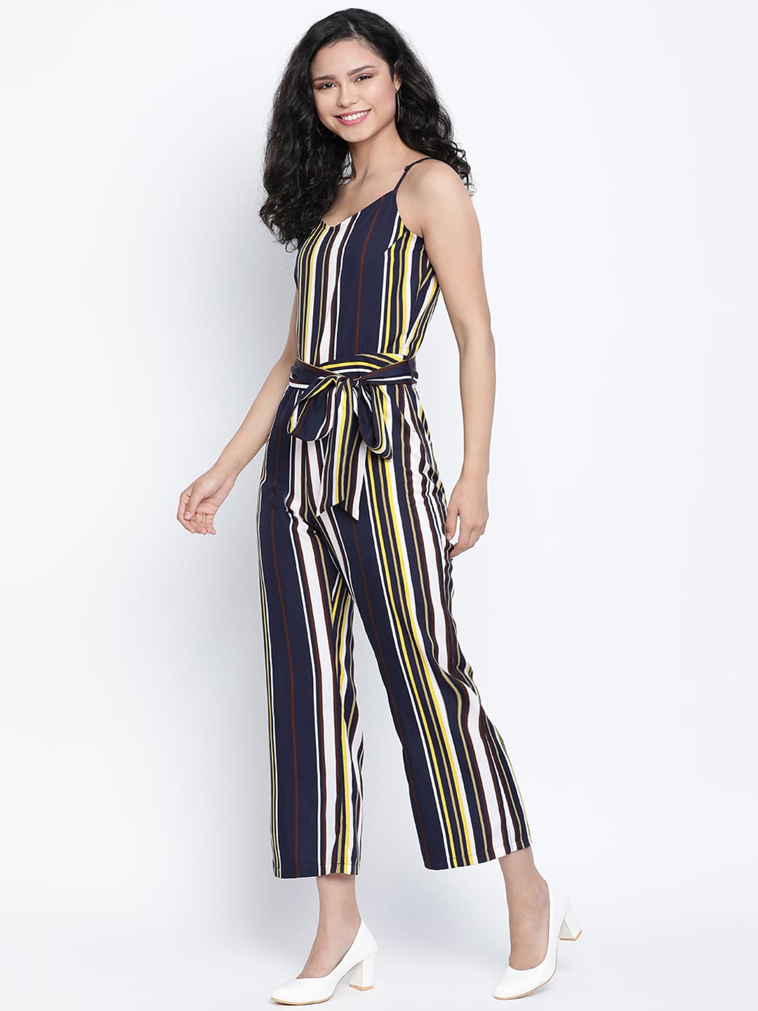 Ankle Length,Blue Jumpsuit,Ankle Length Jumpsuit,V-Neck Jumpsuit,Sleeveless Jumpsuit,Blue Stripes Jumpsuit