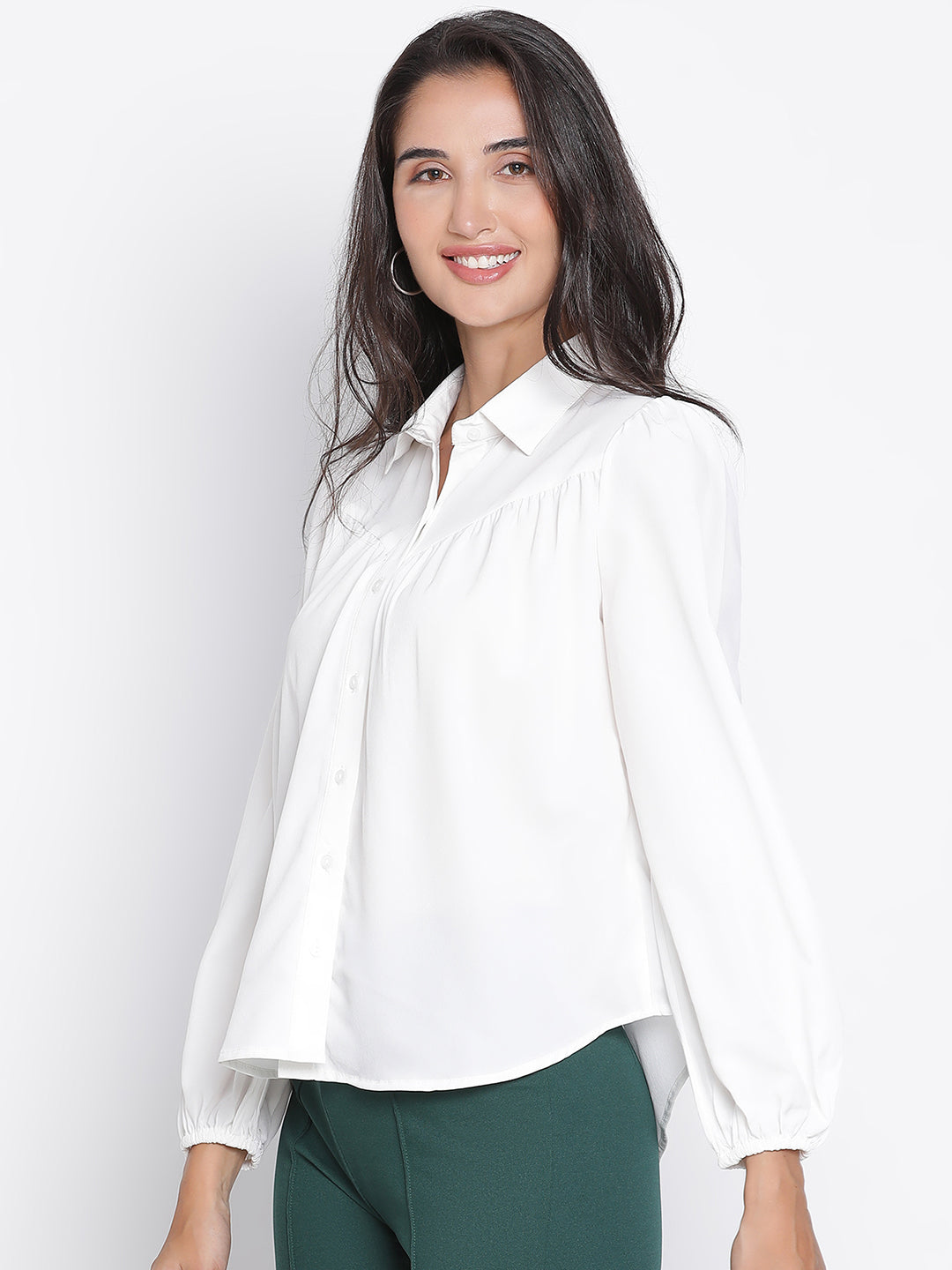 Regular,White Top,Regular Top,Collared Neck Top,Full Sleeves Top,White Solid Top