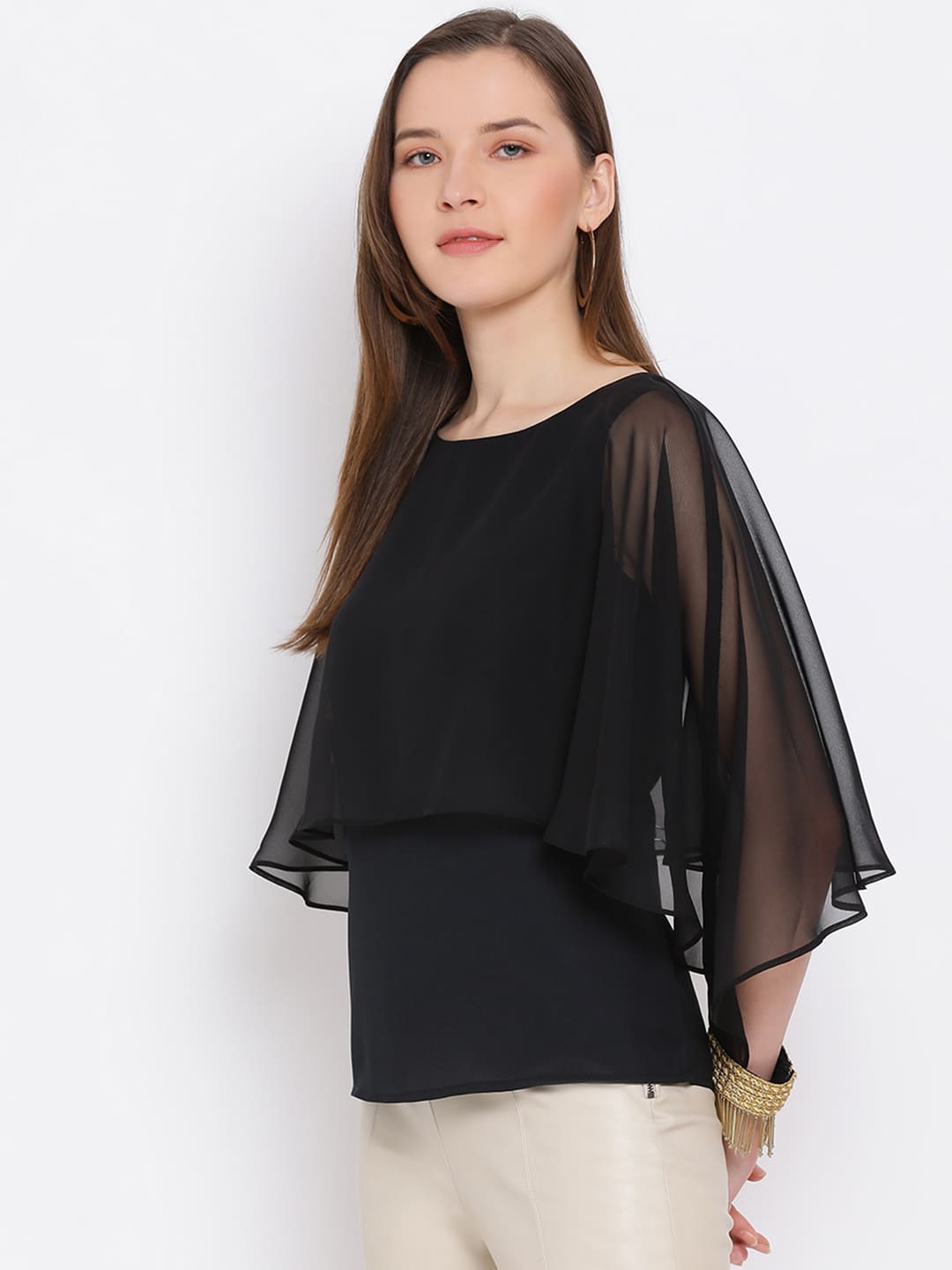 Regular,Black Top,Regular Top,Round Neck Top,Quater Sleeves Top,Black Embellished Top