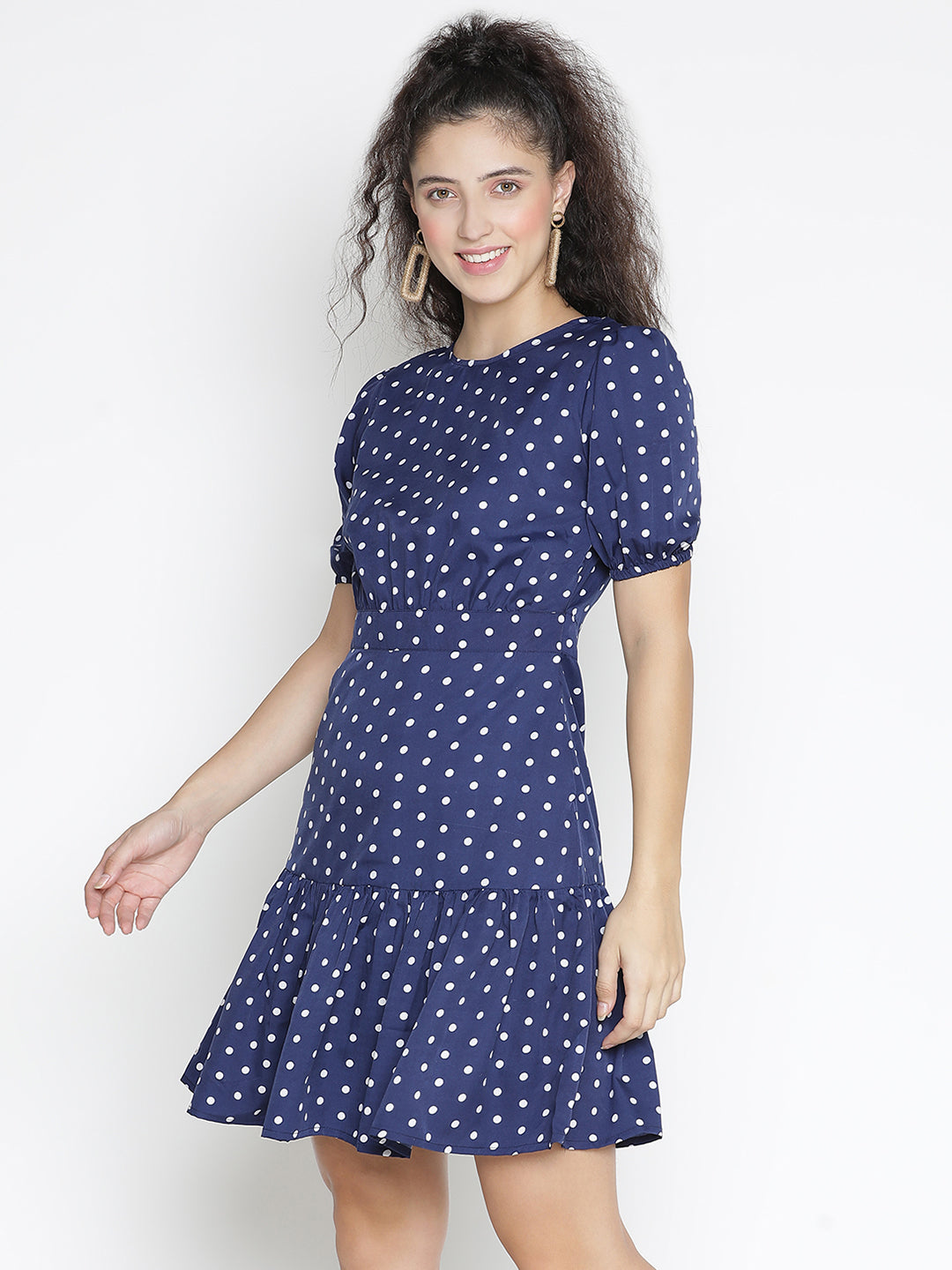 Knee Length,Blue Dress,Knee Length Dress,Round Neck Dress,Short Sleeves Dress,Blue Polka Dot Dress