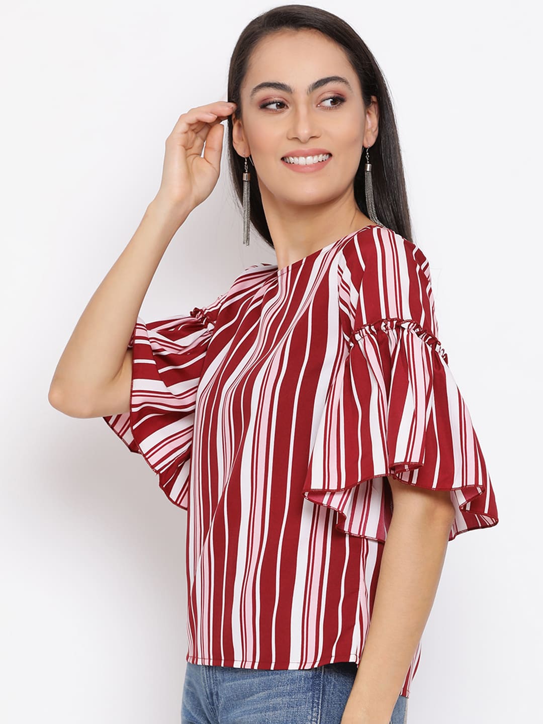 Regular,Red Top,Regular Top,Round Neck Top,Quater Sleeves Top,Red Stripes Top