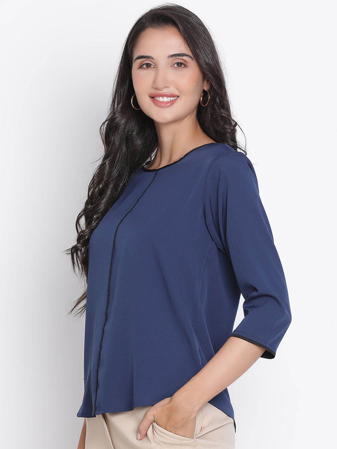 Regular,Blue Top,Regular Top,Round Neck Top,Quater Sleeves Top,Blue Solid Top