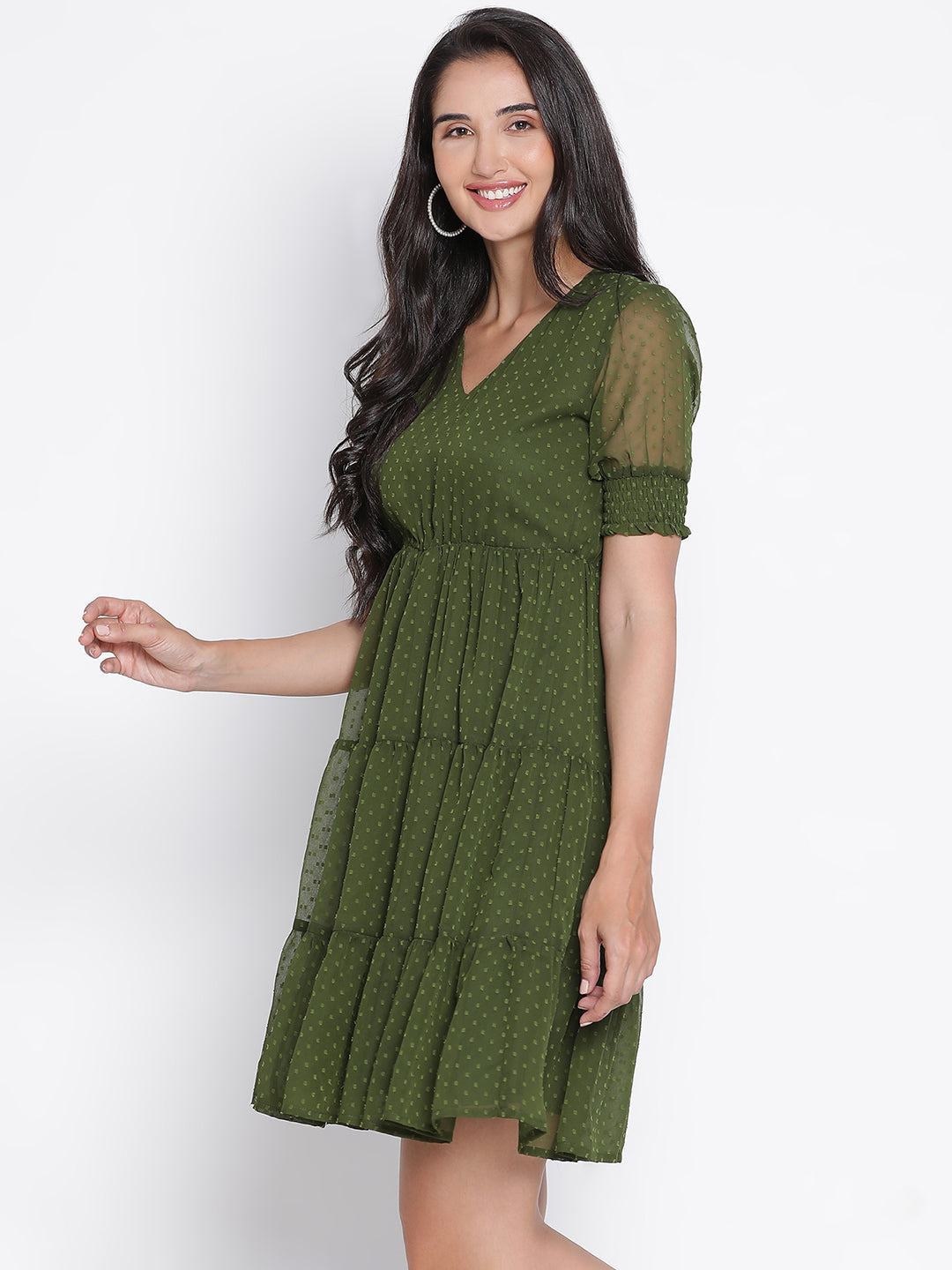 Knee Length,Green Dress,Knee Length Dress,V-Neck Dress,Short Sleeves Dress,Green Solid Dress