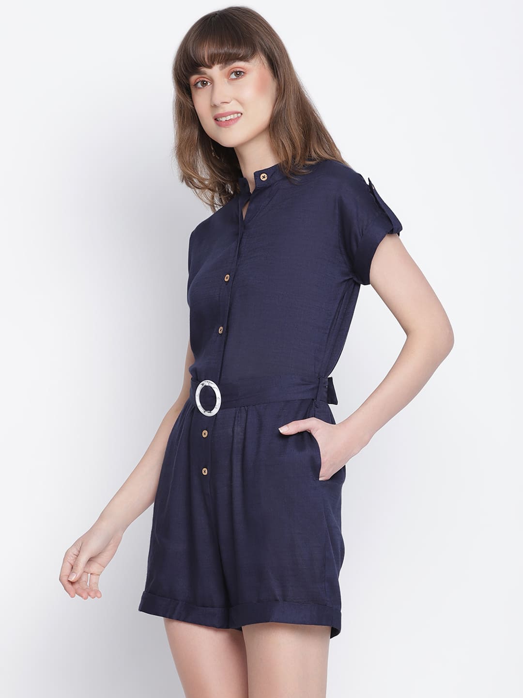 Above Knee,Blue Jumpsuit,Above Knee Jumpsuit,Collared Neck Jumpsuit,Short Sleeves Jumpsuit,Blue Solid Jumpsuit