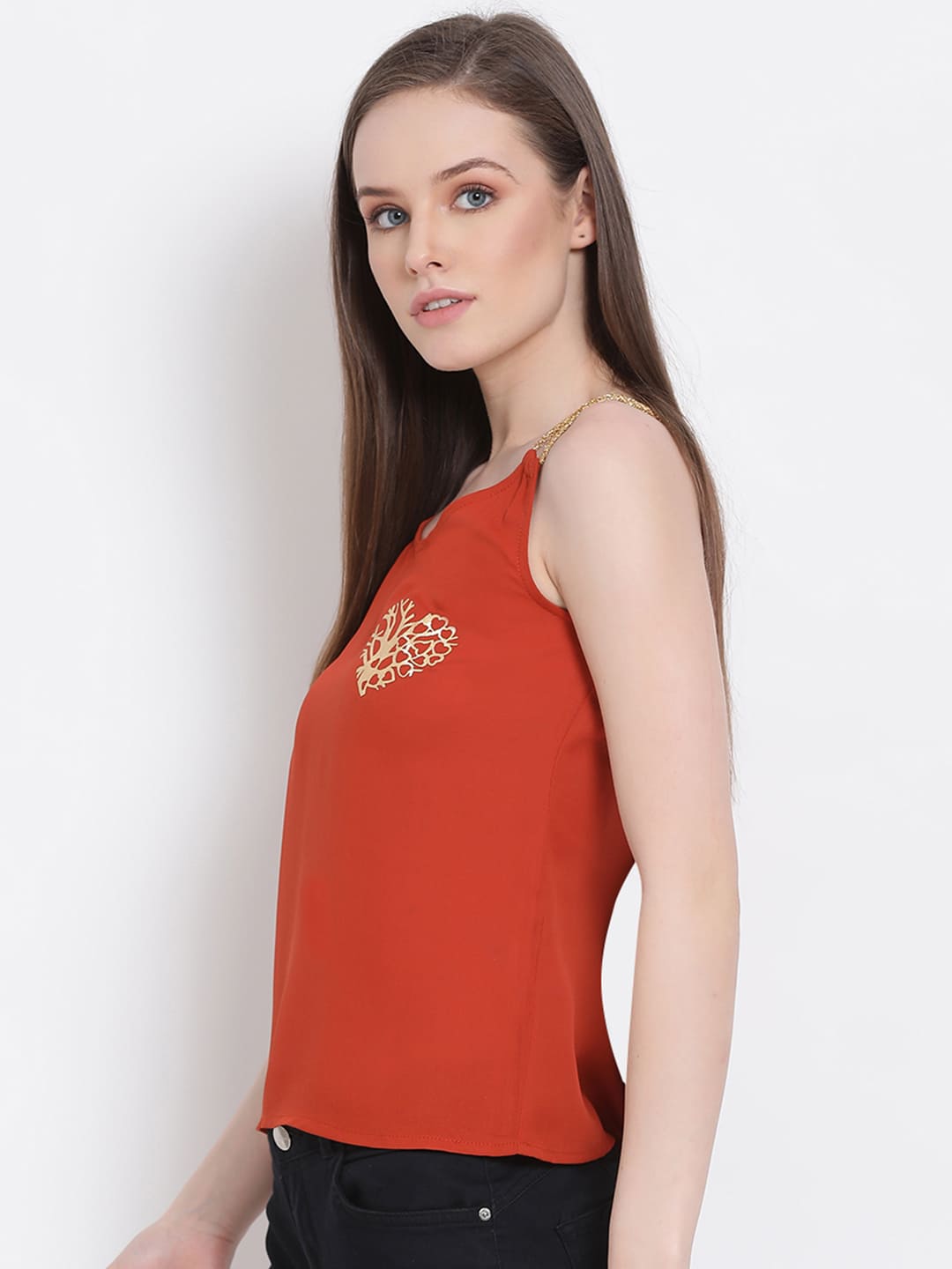 Spaghetti Top,Orange Top,Spaghetti Top,Round Neck Top,Sleeveless Top,Orange Embellished Top