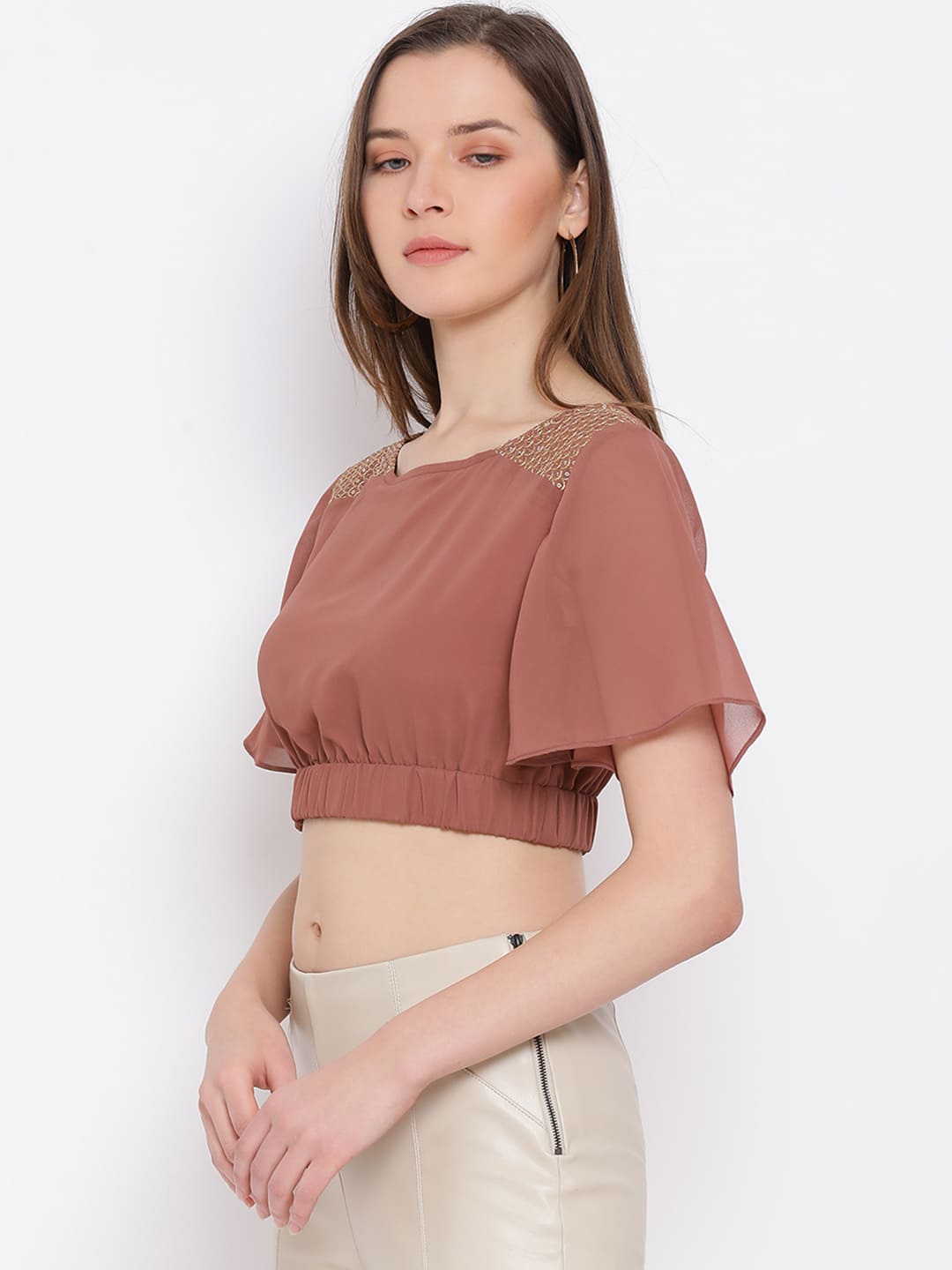 Crop Top,Brown Top,Crop Top,Round Neck Top,Short Sleeves Top,Brown Solid Top