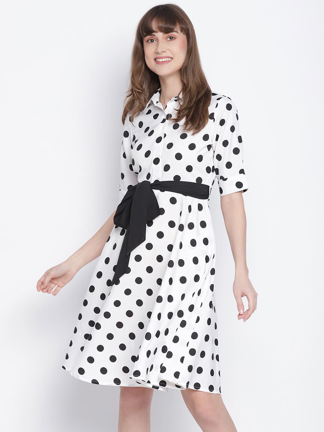 Knee Length,White Dress,Knee Length Dress,Collared Neck Dress,Short Sleeves Dress,White Polka Dot Dress