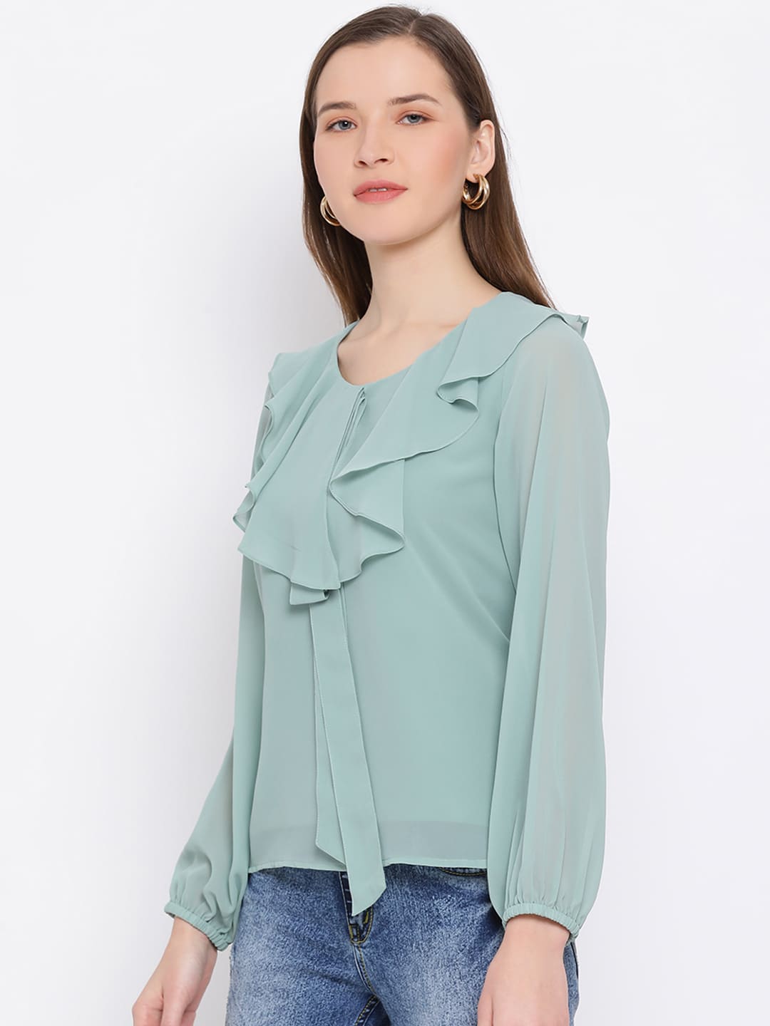 Regular,Green Top,Regular Top,V-Neck Top,Full Sleeves Top,Green Solid Top