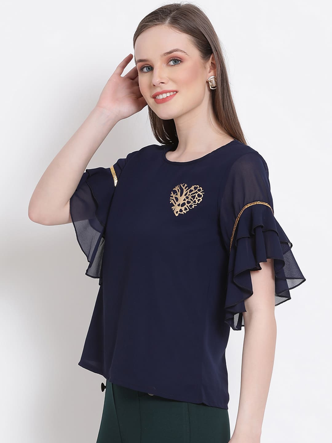 Regular,Blue Top,Regular Top,Round Neck Top,Short Sleeves Top,Blue Embellished Top